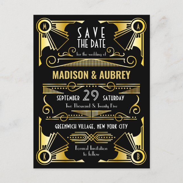 Save the Date Gatsby Wedding Art Deco Gold Black Announcement Postcard (Front)