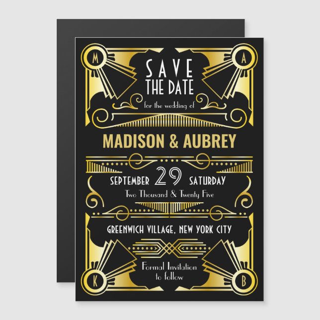 Save the Date Gatsby Wedding Art Deco Gold Black Magnetic Invitation (Front/Back)