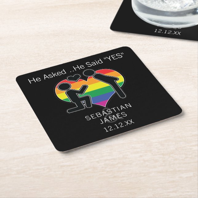 Save The Date Gay He Said Yes Personalized Square Paper Coaster (Angled)