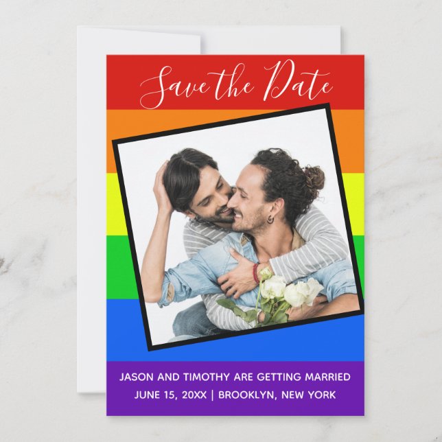 Save The Date Gay pride arc-en-ciel Couple Photo Bold Personnali (Devant)