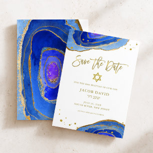 Save The Date Géode Bleu Aquarelle avec Or Bar Mitzvah
