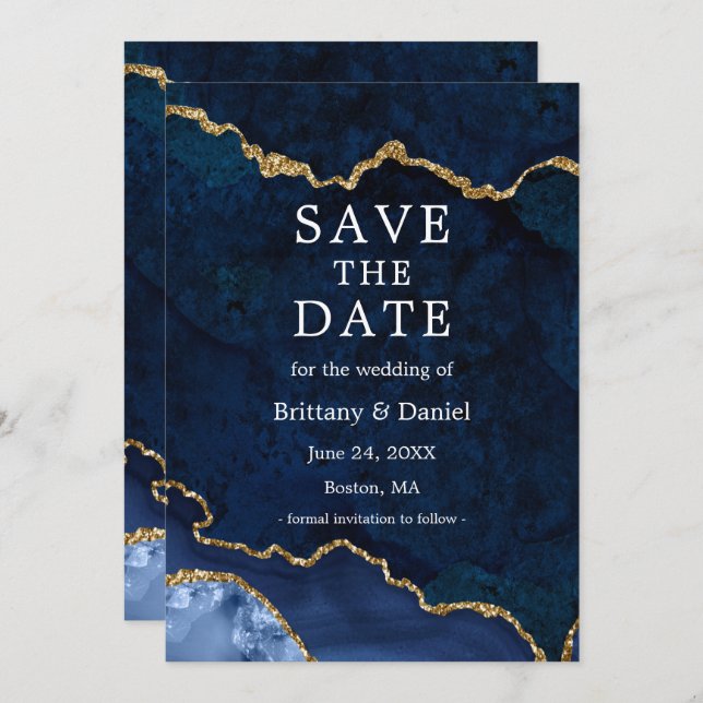 Save The Date Géode d'agate de marbre bleu à l'aquarelle élégant (Devant / Derrière)