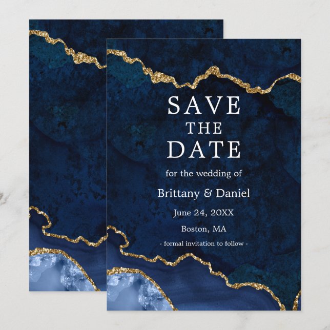 Save The Date Géode d'agate de marbre bleu aquarelle élégant or (Devant / Derrière)