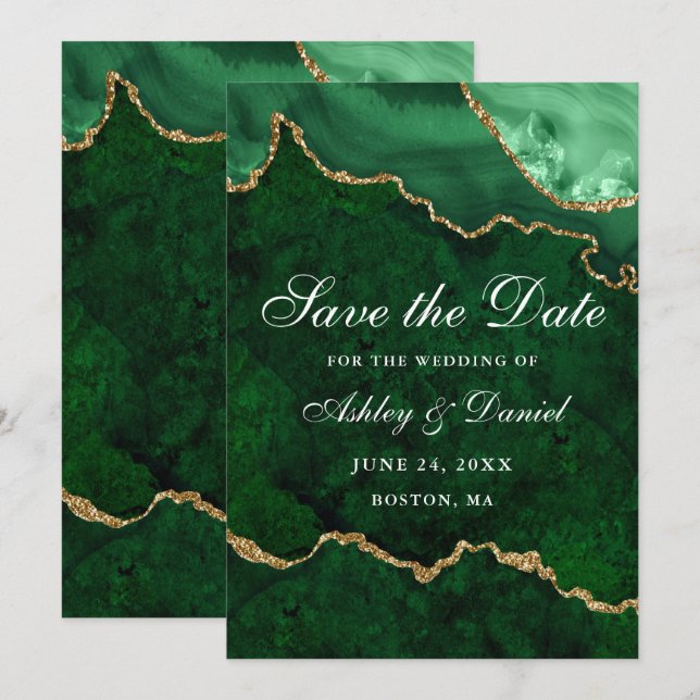 Save The Date Géode d'agate de marbre vert or aquarelle (Devant / Derrière)