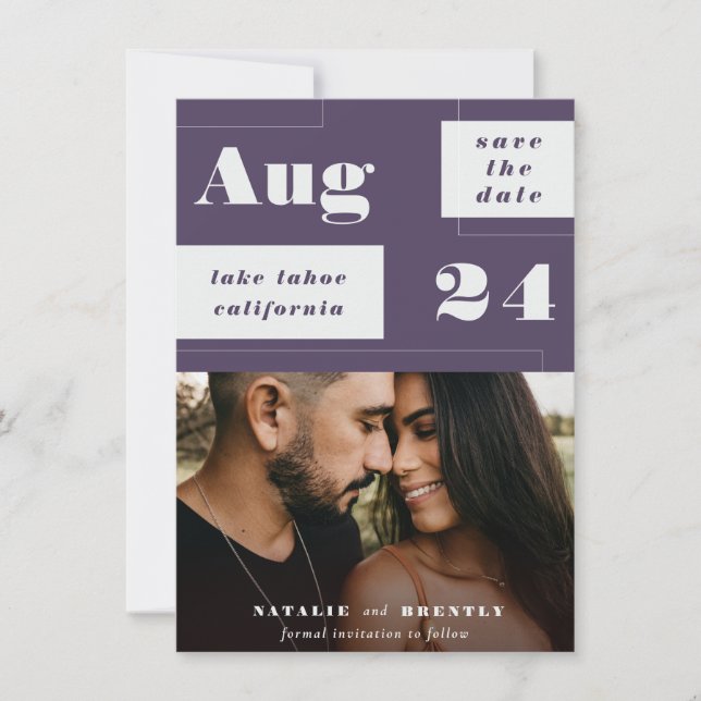Save The Date Géométrie moderne violet foncé avec texte gras (Devant)
