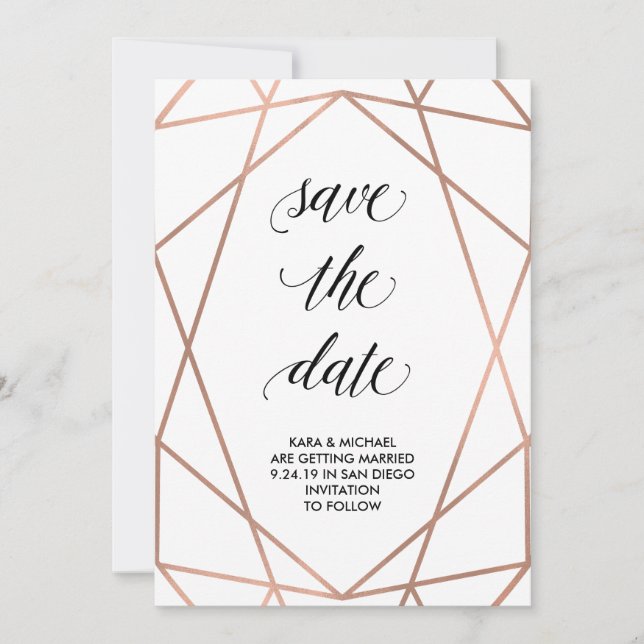 Save The Date Géométrique Faux Rose Gold Enregistrer la Date | P (Devant)