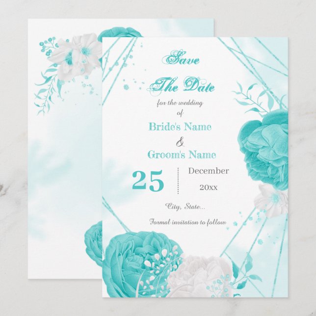 Save The Date géométrique floral blanc turquoise (Devant / Derrière)