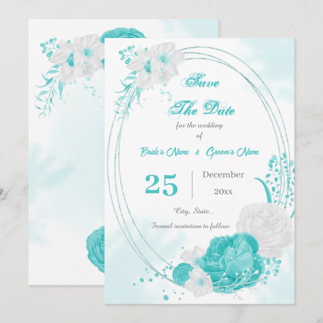 Save The Date géométrique floral blanc turquoise (Devant / Derrière)