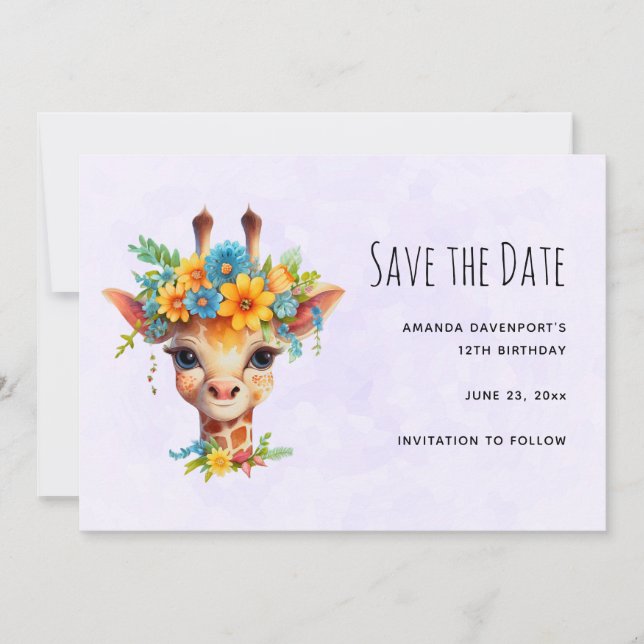 Save The Date Giraffe mignonne à couronne florale (Devant)