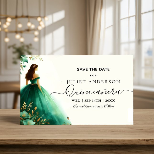 Save The Date Glam Emerald Green Quinceanera (Créateur téléchargé)