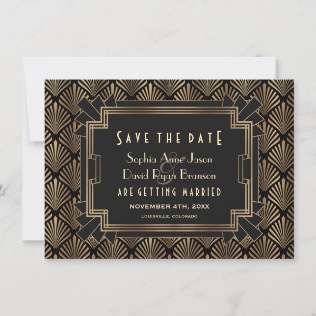 Save The Date Glam Roaring 20's Gold Black Great Gatsby (Devant)