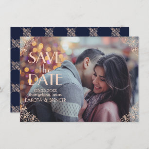 Save The Date Glamour Art déco Marine Blue Rose Gold Ornamenta