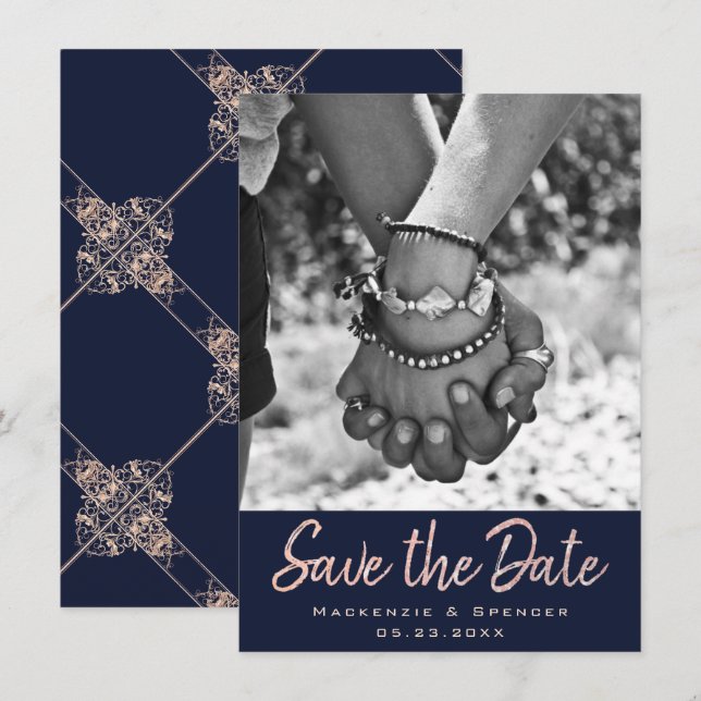 Save The Date Glamour Art déco | Photo Blush or Rose bleu marine (Devant / Derrière)
