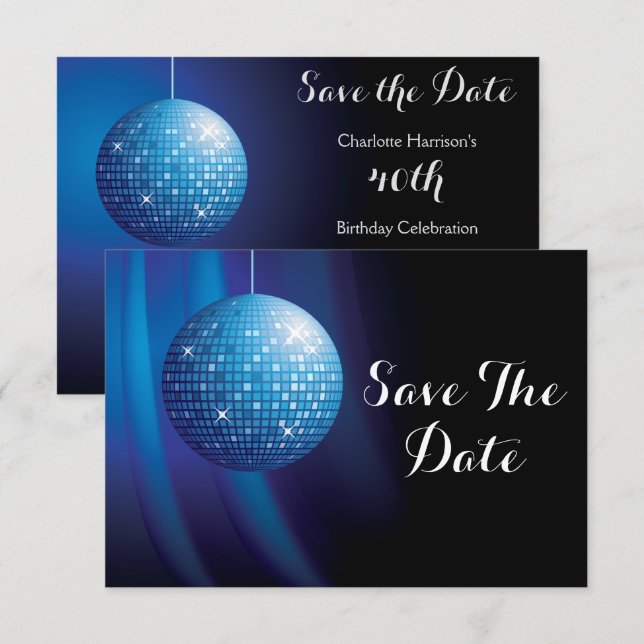 Save The Date Glamourous 40e anniversaire Blue Party Disco Ball (Devant / Derrière)