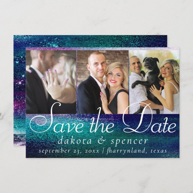 Save The Date Glitzy Foil | Holographique Iridescente Ombre 3 Ph (Devant / Derrière)