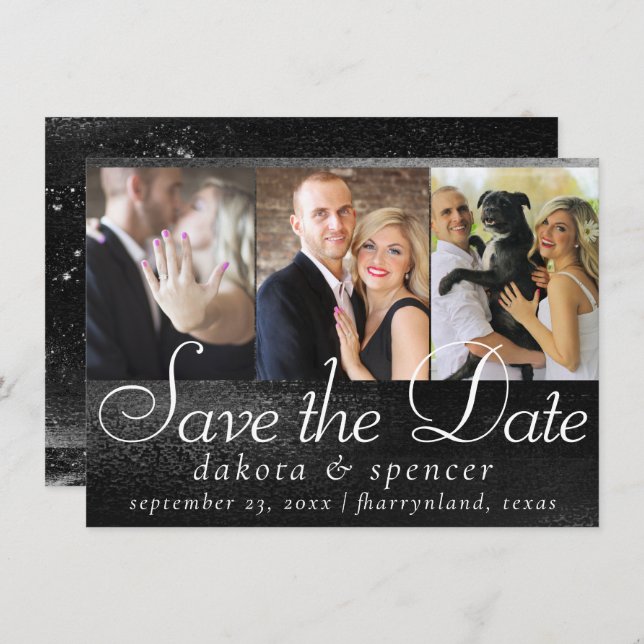 Save The Date Glitzy Foil | Onyx Black Dark Faux Shimmer 3 Photo (Devant / Derrière)