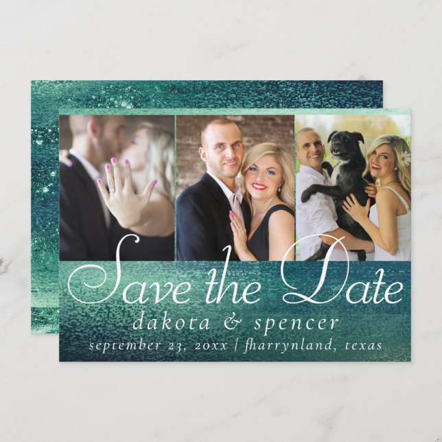 Save The Date Glitzy Foil | Seafoam Green Aqua Sparkle 3 Photo (Devant / Derrière)