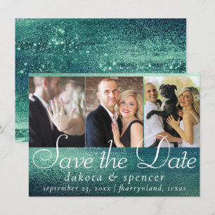 Save The Date Glitzy Foil   Seafoam Green Aqua Sparkle 3 Photo