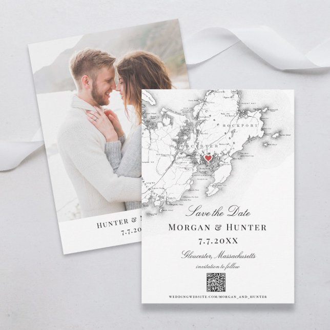 Save The Date Gloucester Cape Ann Enregistrer la date Elegant co (Black and White Gloucester map save the dates with elegant QR code)