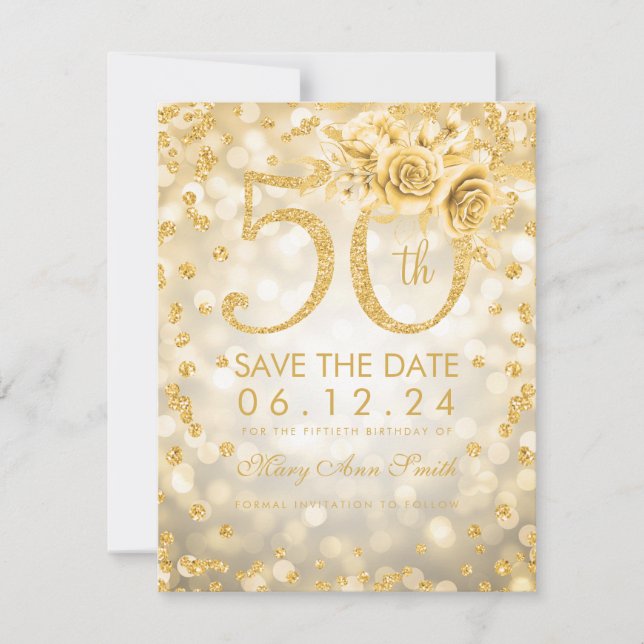 Save The Date Gold 50th Birthday Glam Lights Enregistrer la date (Devant)