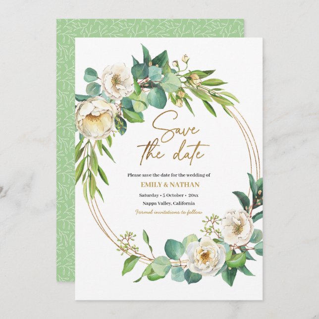 Save the date Gold and White floral Invitation (Front/Back)