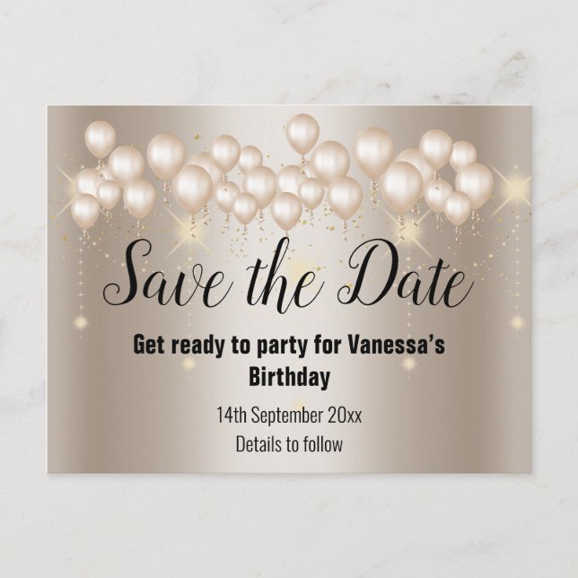 Save the Date Gold Balloons Sparkle All Occassion Announcement Postcard (Front)