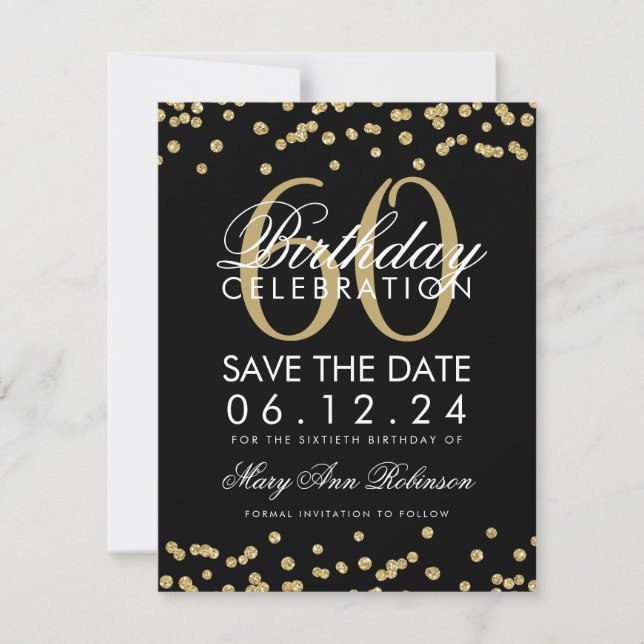Save The Date Gold Black 60th Birthday Save Date Confetti (Devant)