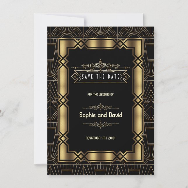 Save The Date Gold Black Art Deco Gatsby années 1920 Enregistrer (Devant)