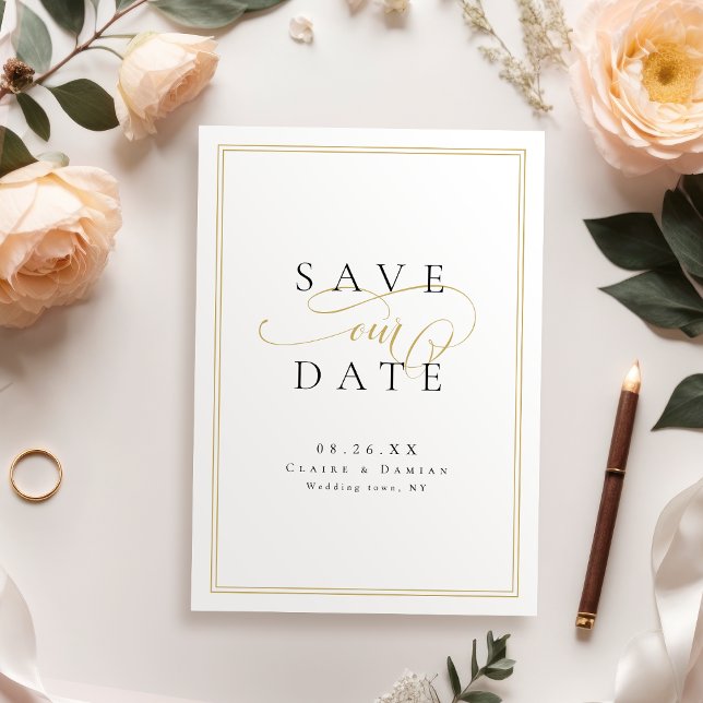 Save The Date Gold Black Simple Elegance Romantique Script Maria (Gold Black Simple Elegance Romantic Script Wedding Save The Date)
