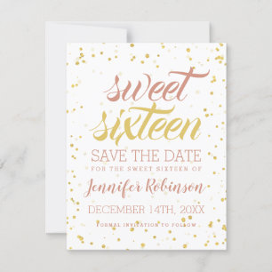 Save The Date Gold & Blush Sweet 16 Date de sauvegarde Sparkle C