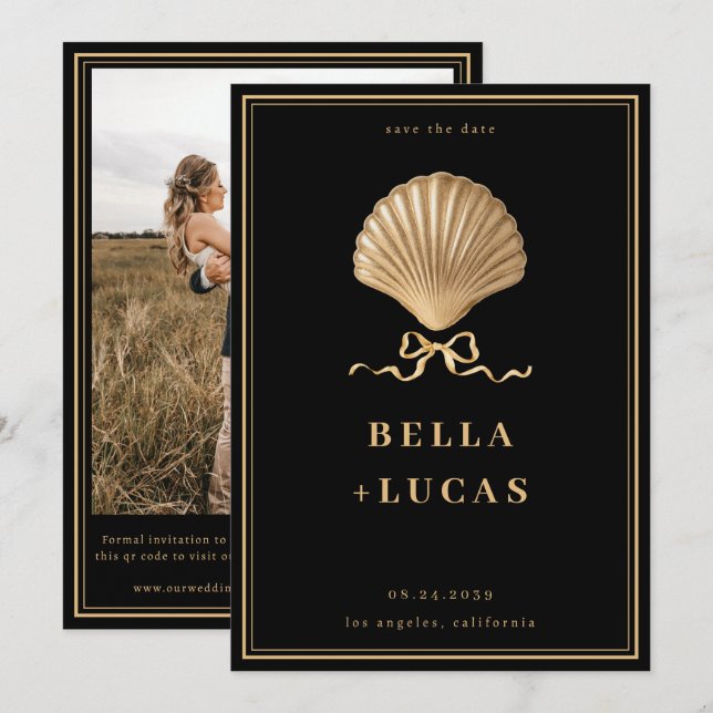 Save The Date Gold Bow Seashell Luxury Coastal Mariage (Devant / Derrière)