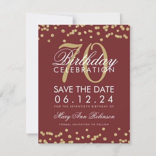Save The Date Gold Burgundy 70e anniversaire Date de sauvegarde  (Devant)