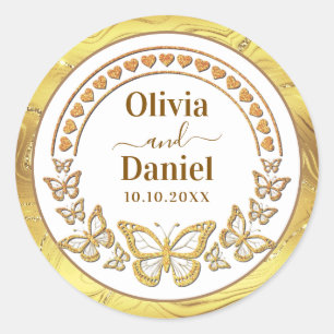 Save the Date, Gold Butterflies and Hearts Classic Round Sticker