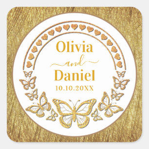 Save the Date, Gold Butterflies and Hearts Square Sticker