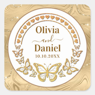 Save the Date, Gold Butterflies and Hearts Square Sticker