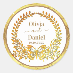 Save the Date, Gold Butterfly and Flower Classic Round Sticker