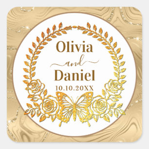Save the Date, Gold Butterfly and Flower Square Sticker