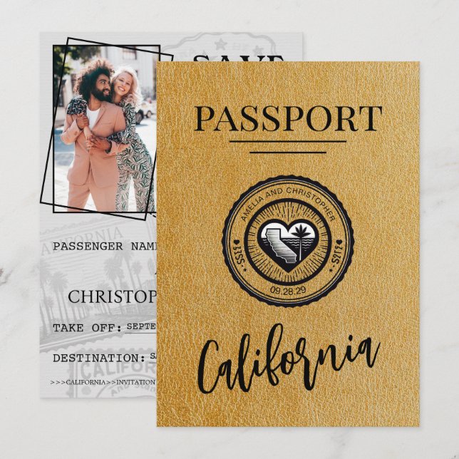 Save The Date Gold California Passport Enregistrer La Date (Devant / Derrière)
