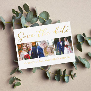 save the date gold chic wedding 3 photos collage  card