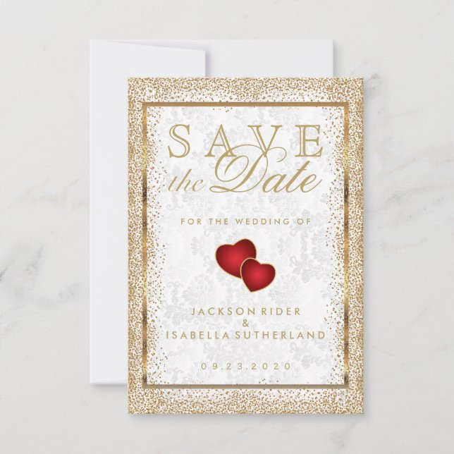 Save the Date Gold Confetti and White Damask (Front)