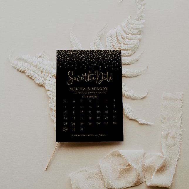Save The Date Gold Confetti Boho Noir Enregistrer le calendrier  (Créateur téléchargé)