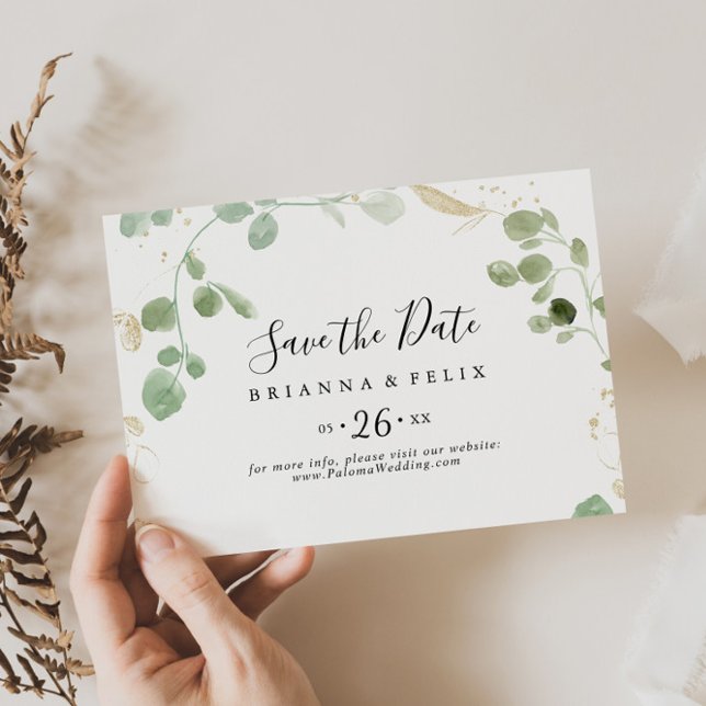 Save The Date Gold Confetti Eucalyptus Mariage horizontal (Créateur téléchargé)