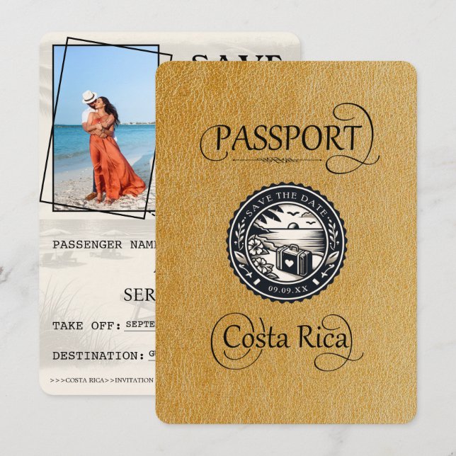 Save The Date Gold Costa Rica Passeport (Devant / Derrière)