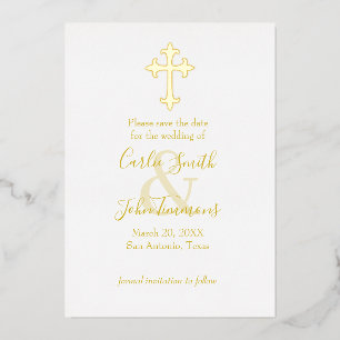 Save the Date Gold Cross Any Colour Photo Back 5 N Foil Holiday Card