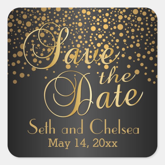 Save the Date Gold Dots and Black | Personalize Square Sticker (Front)