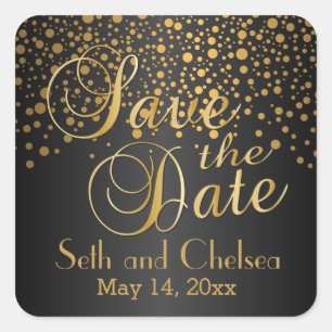 Save the Date Gold Dots and Black   Personalize Square Sticker