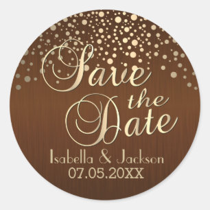 Save the Date   Gold Dots and Brown   Personalize Classic Round Sticker