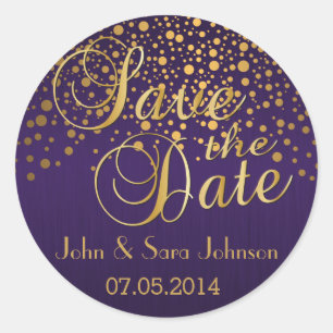 Save the Date   Gold Dots and Purple   Personalize Classic Round Sticker