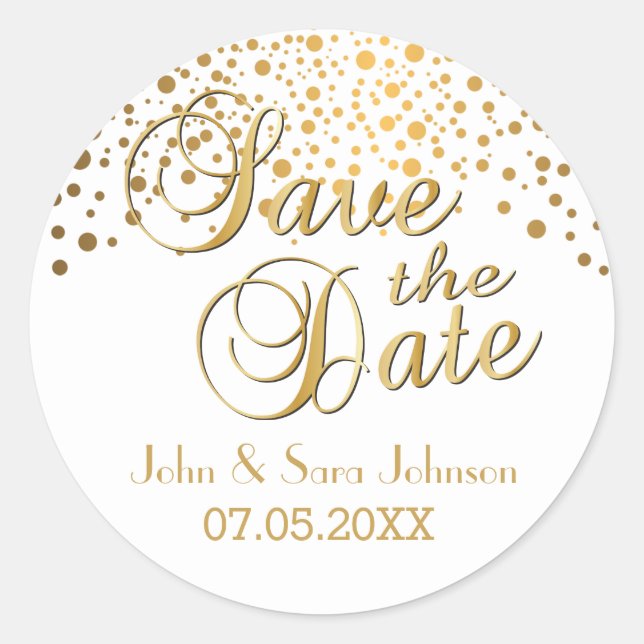 Save the Date | Gold Dots | Personalize Classic Round Sticker (Front)