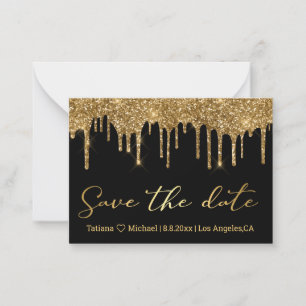save the date gold dripping glitters black wedding card